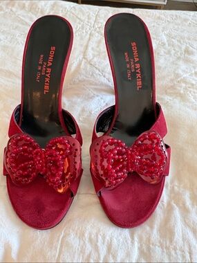 Sonia Rykiel Red Beaded Bow Slide Mules